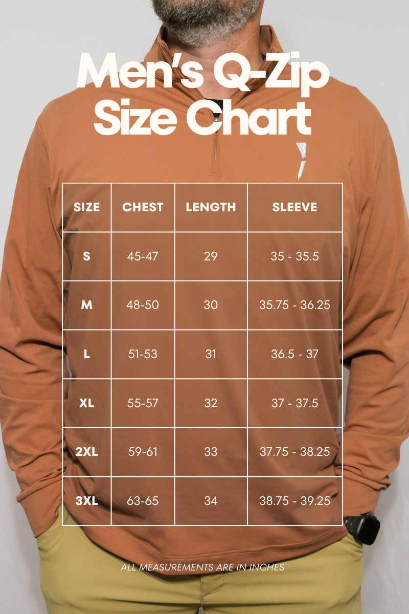 Men's Q-Zip size chart overlayed on a person wearing a brown jacket.